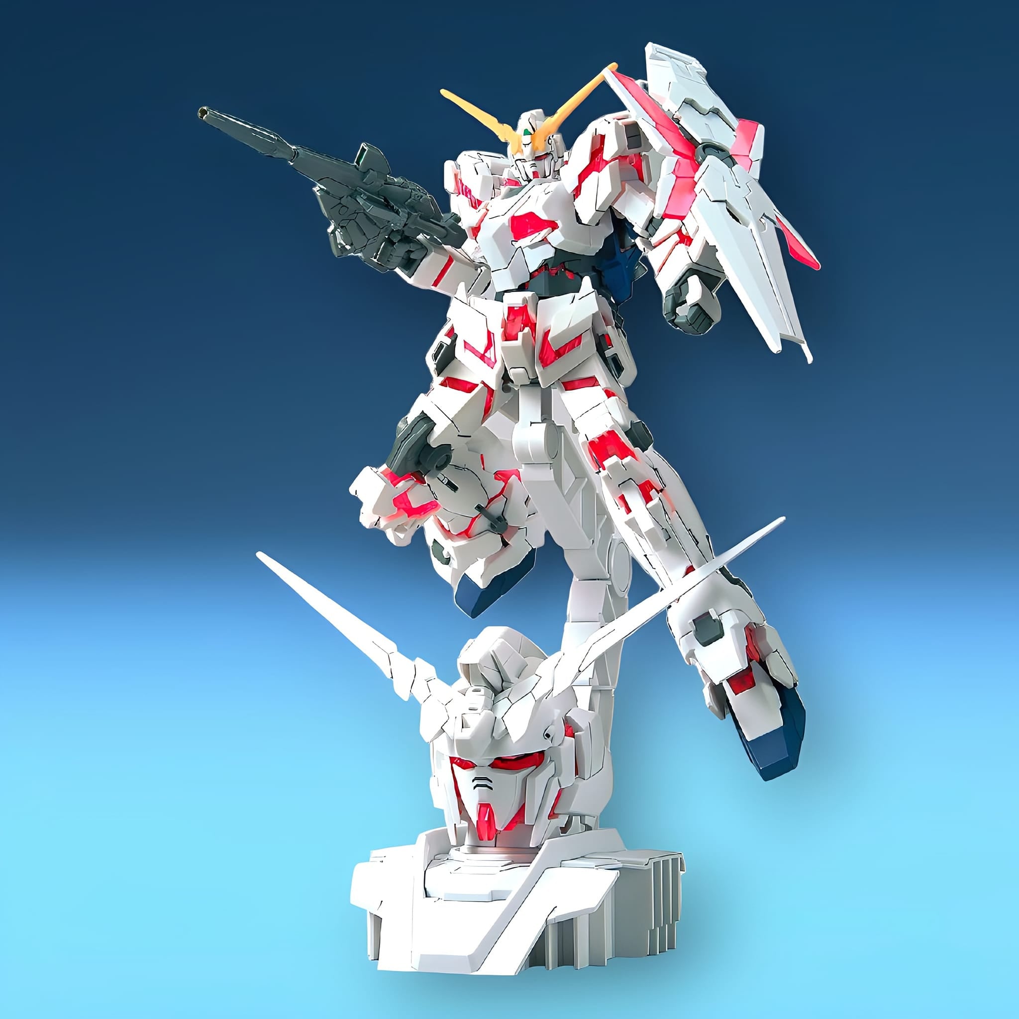 BANDAI HG 1/144 TGBL HGUC Unicorn Gundam Head Display Base (Psycho Frame Color Variation Ver) & Unicorn Gundam 02 Banshee Head Display Base Set